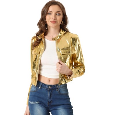 Allegra K Women's Metallic Stand Collar Zip Up Shiny Biker Holographic  Cropped Jackets Gold X-Small