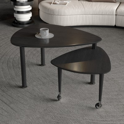 KTMBDW 2 Tier Modern Coffee Table, 360 Degree Rotatable Coffee Center Table with Wood Legs and Sintered Stone Tabletop, Cocktail Table for Living Room