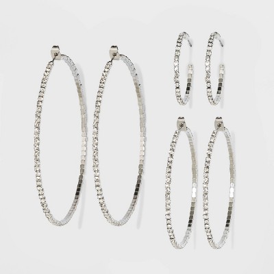 Faux Crystal Silver Hoop Earrings