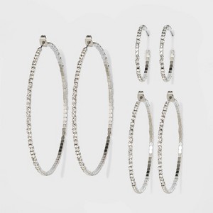 Trio Imitation Rhodium with Glass Crystal Rhinestone Hoop Stud Earring Set 3pc - Wild Fable™ White Crystal - 1 of 4
