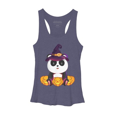 Women's Design By Humans Cute Panda Mock up Witch With Jack O Lantern Halloween T-Shirt By thebeardstudio Racerback Tank Top