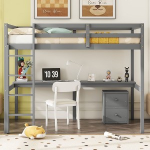 VASIP Grey Twin Loft Wood Bed with Under-bed Storage, Built-in Desk, 2-Drawer Cabinet, Safety Guardrails & Ladder - 1 of 4