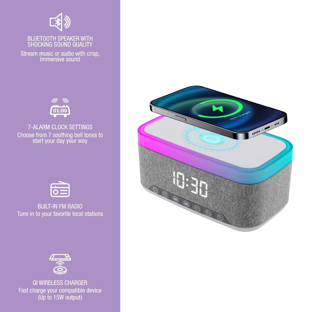 Pursonic All-in-One Alarm Clock with Bluetooth Speaker, FM Radio & Qi Wireless Charging – Your Complete Nightstand Companion - thumbnail 2