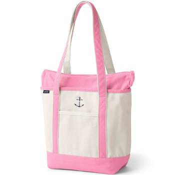 Rare LANDS END Canvas & PINK Leather TOTE BAG - open-top snap pockets MEDIUM