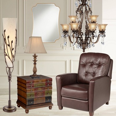 Bronze Torchiere Floor Lamp with Linen Shade and Vine Detail