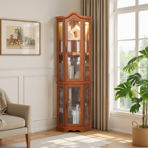 SpassWay 70"H Living Room Corner Oak Display Cabinet with Glass Shelves Lighting - 1 of 4