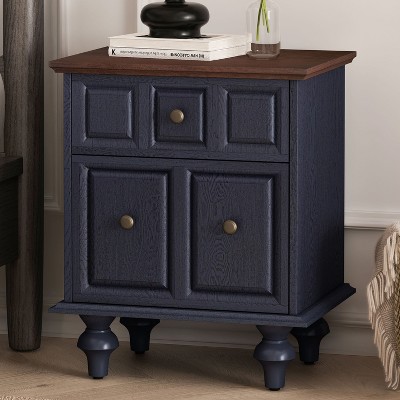 MOEPISY Vintage Nightstand with 2 Drawers and Roman Column Legs, Solid Wood Bedside End Table (Dark blue)
