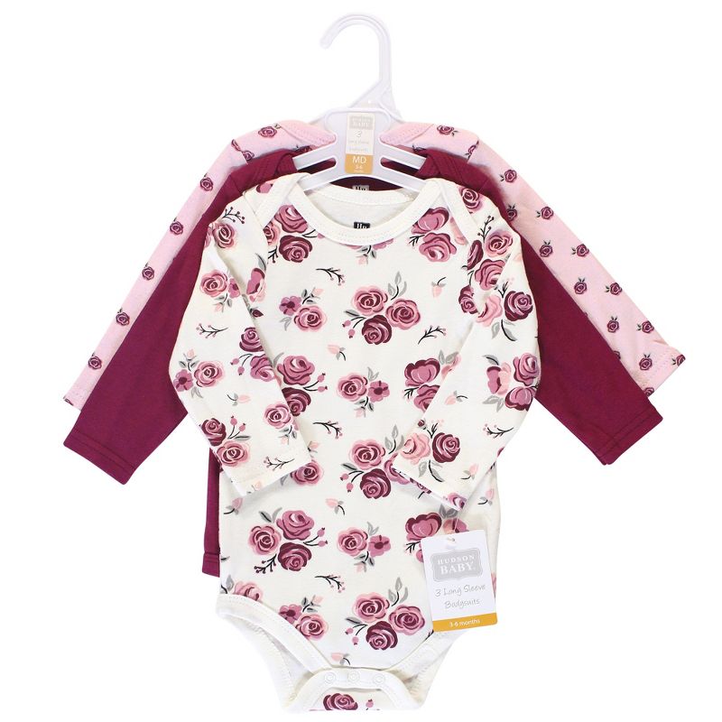 Hudson Baby Infant Girl Cotton Long-Sleeve Bodysuits 3pk, Rose, 3 of 4