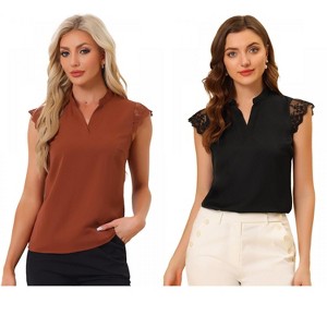 INSPIRE CHIC Women's Work Office V Neck Stand Collar Lace Cap Sleeve Basic Blouse 2 Pieces - 1 of 4