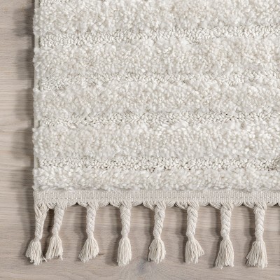 Ivory Geometric Shag Runner Rug with Tassels