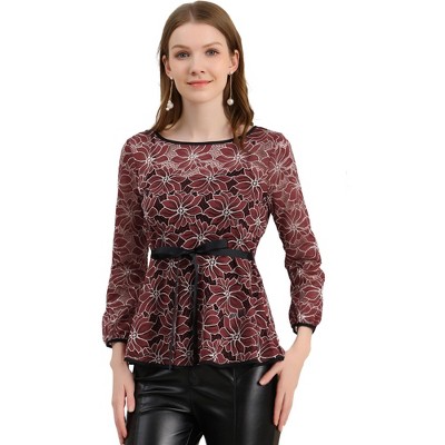 INSPIRE CHIC Women's Semi-Sheer Elegant Tie Waist Long Sleeve Floral Lace Peplum Blouses