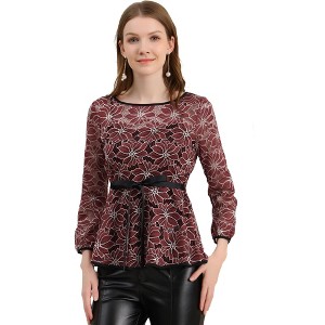 INSPIRE CHIC Women's Semi-Sheer Elegant Tie Waist Long Sleeve Floral Lace Peplum Blouses - 1 of 4