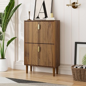 VYNXARIA line groove design Shoe Storage Cabinet w/ 2 Flip Drawers,Free standing Shoe Cabinet w/ Metal Handles for Entryway,Shoe Rack Cabinet ,Brown - 1 of 4