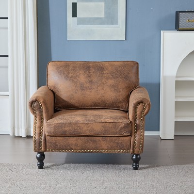 GlasFlength Nailhead Chairs, Large Traditional Faux Leather Couch withWooden Leg for Living Room, Brown, 29.92"*25.98"*16.14"