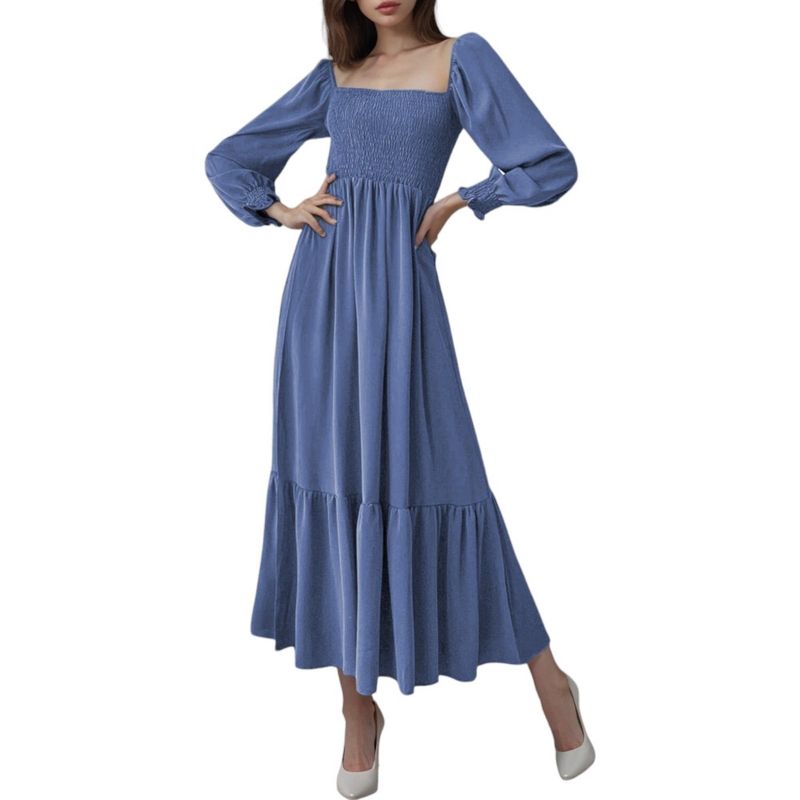 Anna-Kaci Women's Square Neck Shirred Ruffle Hem Long Sleeve Maxi Dress, 1 of 5