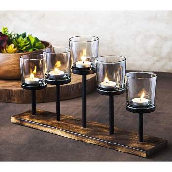 Le'raze Elegant Decorative Votive Candle Holder Centerpiece, 5 Glass Cups on Wood Base-Tray