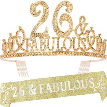 EBE EmmasbyEmma 26th Birthday Sash and Tiara for Women - Fabulous Set: Glitter Sash + Fabulous Rhinestone Gold Premium Metal Tiara for Women