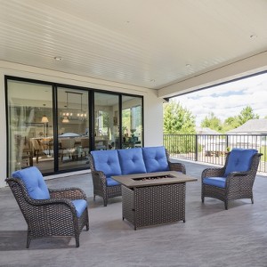 POCASSY 4-Piece Outdoor Furniture Set with 50000BTU Propane Fire Pit, All Weather Wicker Patio Fire Pit Table Set with 3-Seater Sofa and Club Chair - 1 of 4