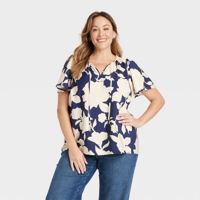 Women's Flutter Short Sleeve Blouse - Ava & Viv™ Navy Blue Floral 3X