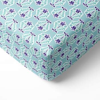 Bacati - Florette Printed Purple Aqua 100 percent Cotton Universal Baby US Standard Crib or Toddler Bed Fitted Sheet