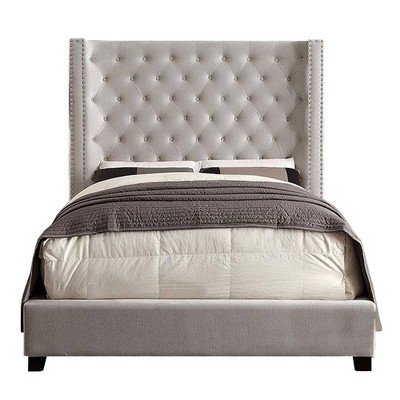 Queen Button Tufted Fabric Upholstered Bed with Nailhead Trim Gray - Benzara