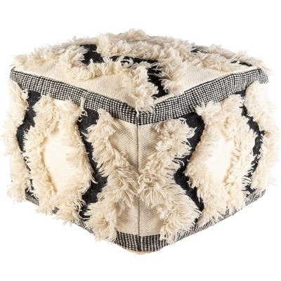 Livabliss Apache 20"H x 20"W x 14"D Global Cream Pouf: Wool Rectangle Ottoman, Classic Pattern