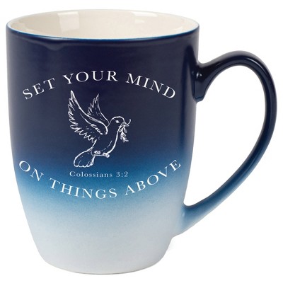 Elanze Designs Set Your Mind On Things Above Colossians 3:2 Two Toned Ombre Matte Navy Blue and White 12 ounce Ceramic Stoneware Coffee Cup Mug