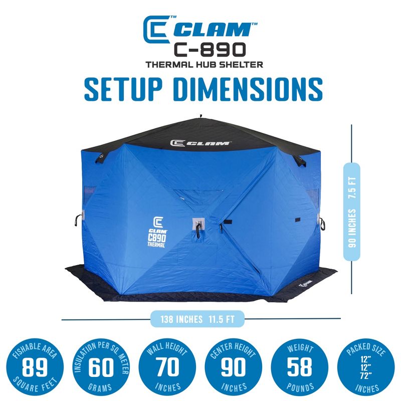 CLAM Portable Pop Up Ice Fishing Thermal Hub Shelter Tent, 6 of 8
