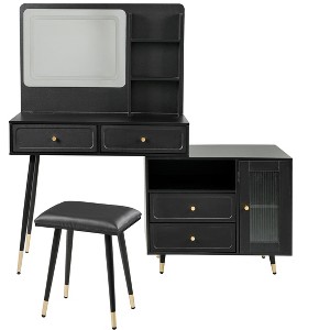 Gulches Modern Black Makeup Vanity Desk - Lighted Mirror, Retractable Design, Drawers, Cabinet, Power Outlet for Bedroom - 1 of 4