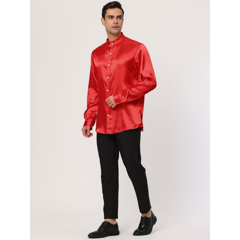 Lars Amadeus Men's Long Sleeves Band Collar Button Down Solid Prom Satin Shirts, 4 of 7
