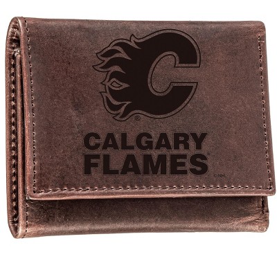 Evergreen NHL Calgary Flames Brown Leather Trifold Wallet Officially Licensed with Gift Box