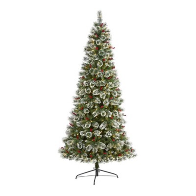 Nearly Natural 8’ Frosted Swiss Pine Prelit LED Artificial Christmas Tree with Berries