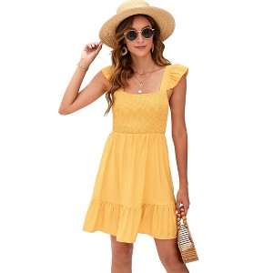 Summer Dresses for Women Ruffled Sleeve Square Neck Flowy Casual Mini Dress  Tie Back Sundress Yellow XXL,yellow,2XL : Target