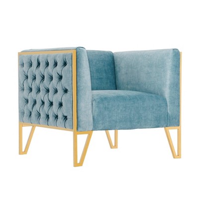Ocean Blue Velvet Sofa and Armchair Set with Gold Legs