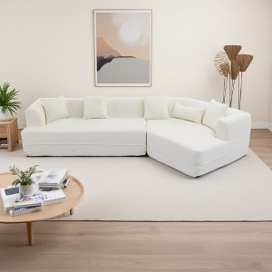 128" Round Fiber Boucle L-Shaped Modular Sectional Sofa, 3-Seater, 5 Pillows - 1 of 4