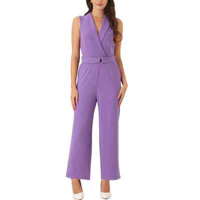 INSPIRE CHIC Women's Casual Sleeveless Shawl Collar Office Belted Cropped Jumpsuit