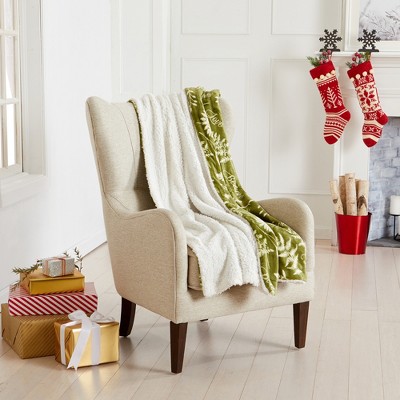Holiday Botanical Green Velvet Plush Sherpa Reversible Throw Blanket