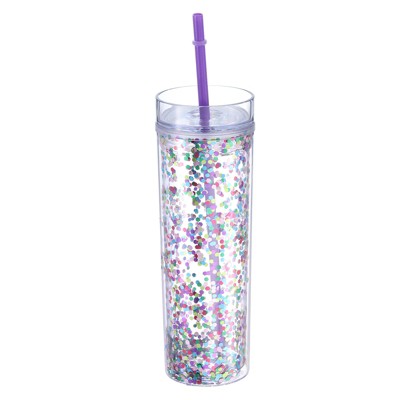 Unique Bargains Double Wall Spill-Proof Transparent Sequins Straw Tumbler