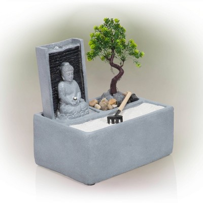 Gray Cement Buddha Bonsai Garden Tabletop Fountain with LED Light