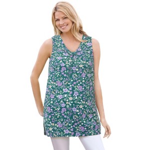 Woman Within Plus Size Perfect Printed Sleeveless Shirred V-Neck Tunic - 1 of 4