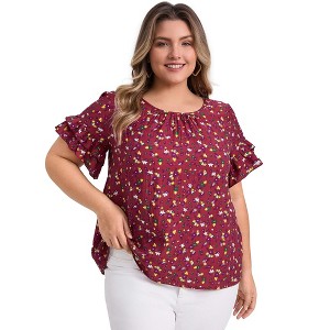 GRACE & GRANDEUR Women's Plus Size Floral-Print Crew Neck Double Layer Ruffle Short Sleeve Casual Blouses - 1 of 4