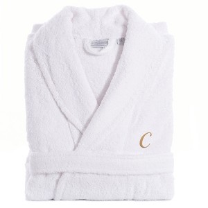 Linum Home Textiles 100% Turkish Cotton Unisex Personalized Terry Bathrobe White in Gold Script Font - 1 of 2