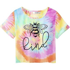 Arshiner Girls Crop Tops Short Sleeve Tie Dye Summer T Shirt Crewneck Rolled Cuffs Fashion Shirts Tee - 1 of 4