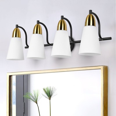 PAKOKULA 4-Light Black and Gold Bathroom Vanity Light With Cone Milk Glass Shade
