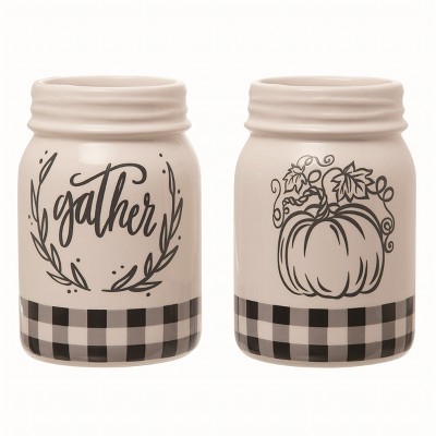 Transpac Ceramic White Harvest Buffalo Check Jar Set of 2