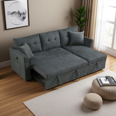 L-Shaped Reversible Sectional Sofa Bed with Pull-Out Sleeper & USB