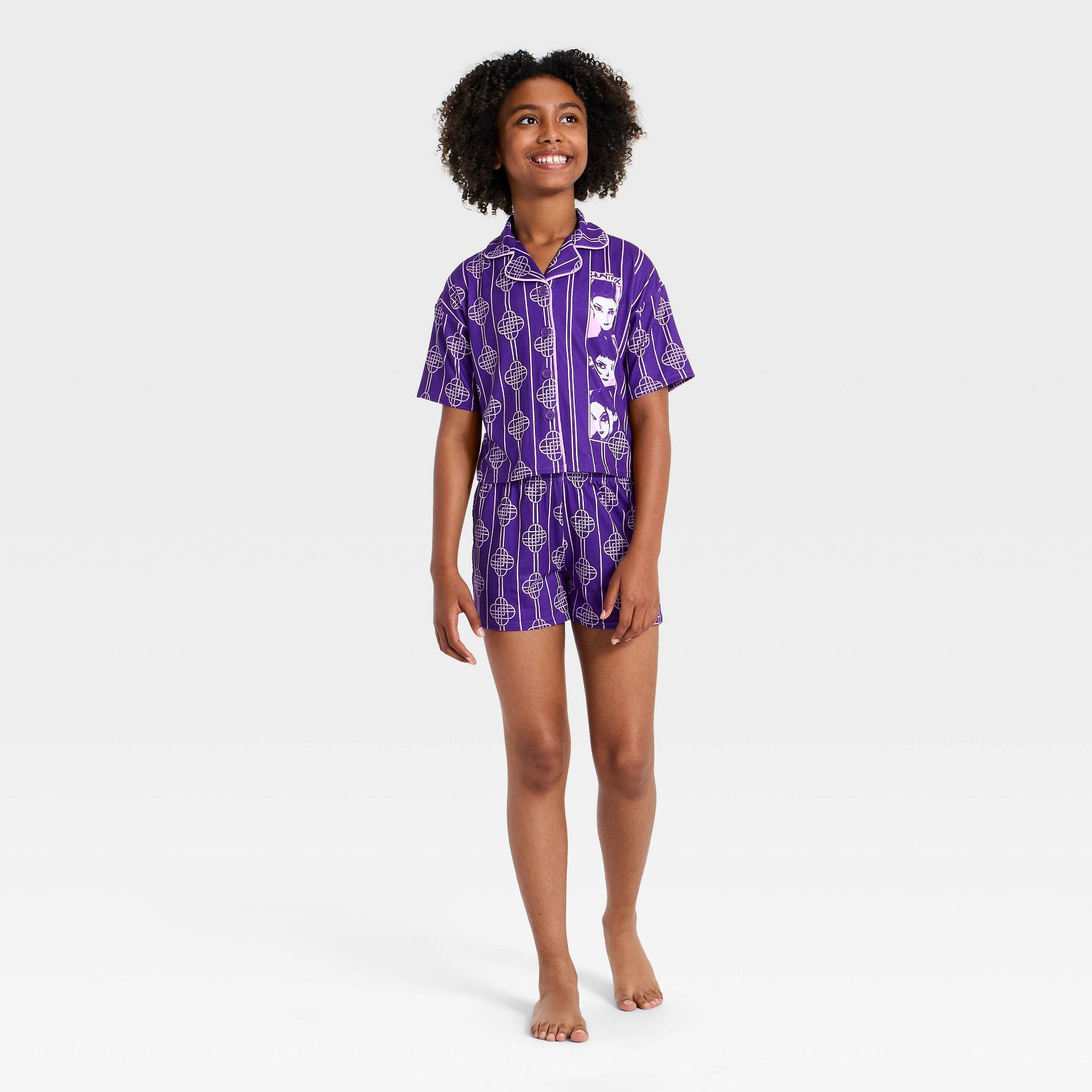 Girls' 2pc KPop Demon Hunters Button-Down Pajama Set - Purple