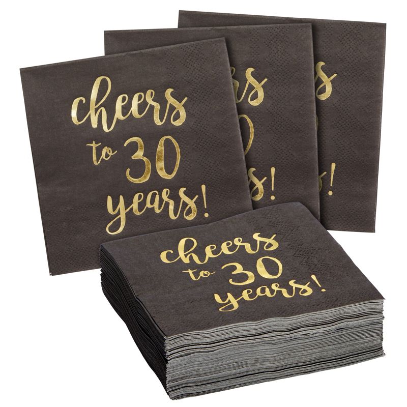 Blue Panda 50 Pack Cheers to 30 Years Cocktail Napkins for 30th Birthday, Anniversary Party Supplies, 3-Ply, Black and Gold Foil, 5 x 5 In, 1 of 10