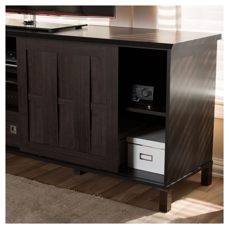Unna Wood TV Cabinet with 2 Sliding Doors and Drawer TV Stand for TVs up to 70&#34; Dark Brown - Baxton Studio, 6 of 8