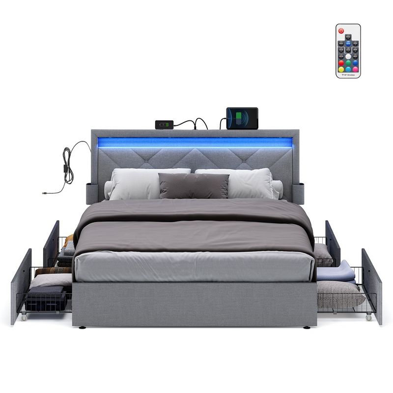 VASAGLE LED Bed Frame Queen/Full/Twin Size with Headboard and 4 Drawers, 1 USB Port and 1 Type C Port, Adjustable Upholstered Headboard, Grey, 1 of 6